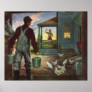 Vintageaffär, lantgård med bonden och hönor poster