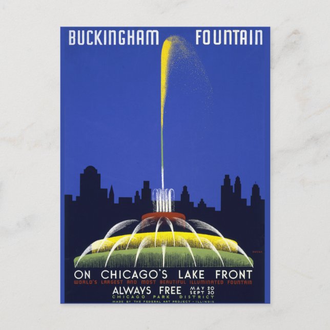 Vintageaffisch, Chicagos Buckingham Fountain, gör- Vykort (Framsida)