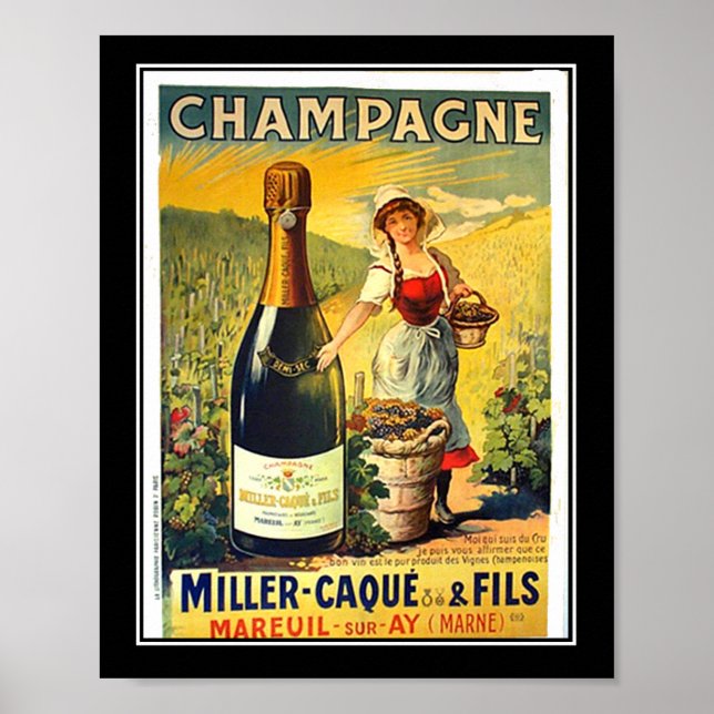 Vintageaffisch Fransk flicka med champagne-reklam Poster (Framsidan)