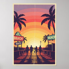 Vintageaffischer Strand Solnedgångsutskrift Poster