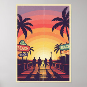 Vintageaffischer Strand Solnedgångsutskrift Poster