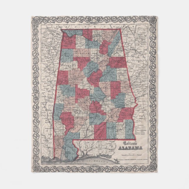 VintageAlabama ståndsmässig karta (1859) Fleecefilt (Framsidan)