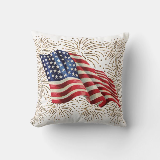 VintageamerikanUSA flagga och Juli 4th Kudde (Framsida)