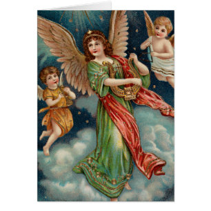 Vintageängel med harpan och två Cherubs Hälsningskort