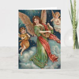 Vintageängel med harpan och två Cherubs Kort
