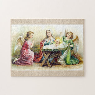 Vintageänglar som omger babyen Jesus och Mary Pussel