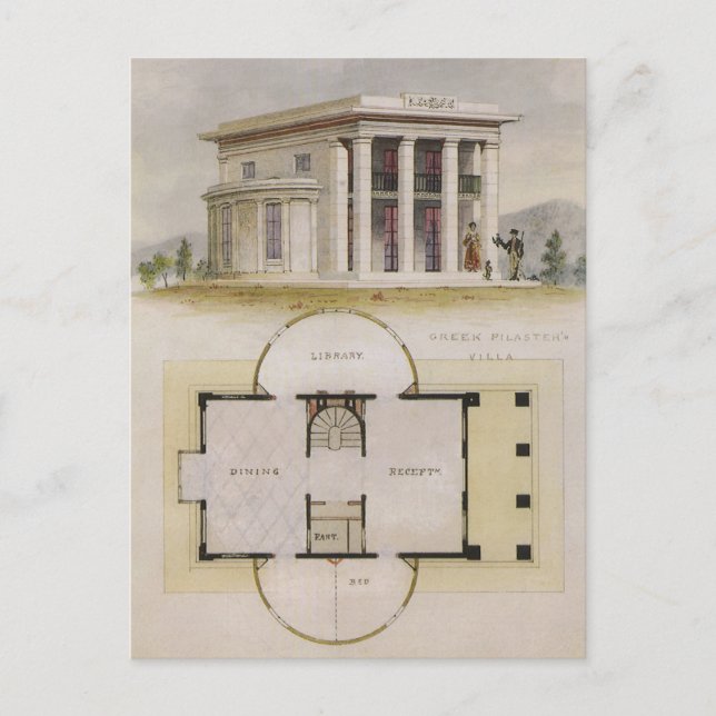 Vintagearkitektur, golvplan och grekisk villa vykort (Framsida)