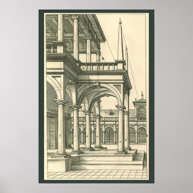 Vintagearkitektur, romansk innergård med kolonner poster (Framsidan)