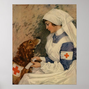 Vintagearmésjuksköterska med den guld- retrieveren poster
