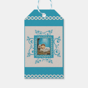 Vintagebaby Jesus i Manger med lamben Presentetikett