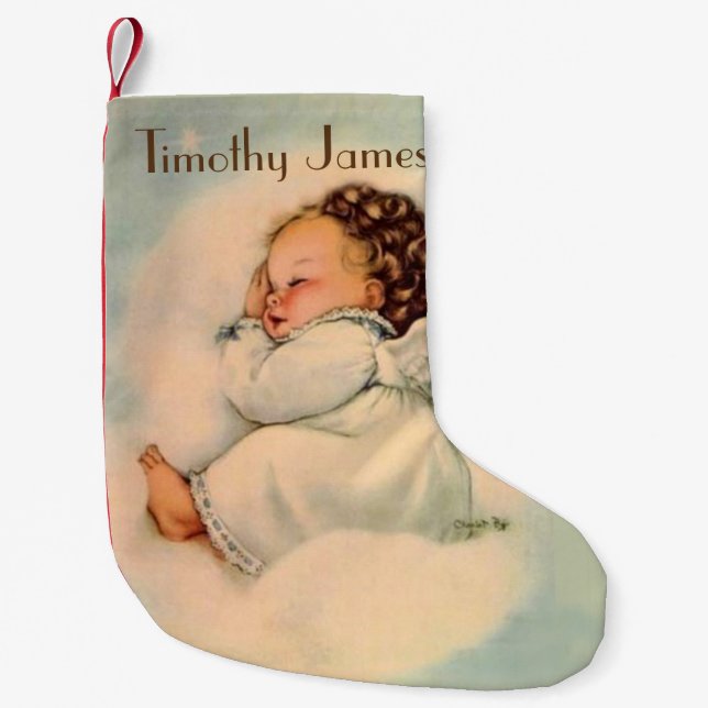 Vintagebabyängel som sovar i moln liten julstrumpa (Framsidan)