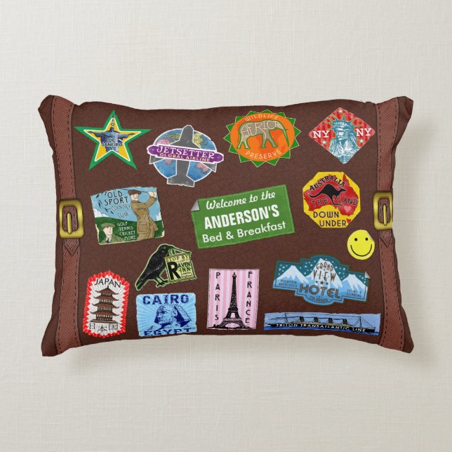 Vintagebagagevärlden reser prydnadskudde (Framsidan)