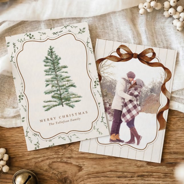 Vintagebåge Arvsträd Foto Neutral jul Julkort (Neutral Christmas photo card with watercolor evergreen tree and wavy brown ribbon bow)