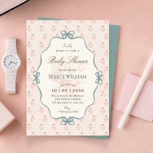Vintagebåge pastellblå rosa baby shower inbjudningar