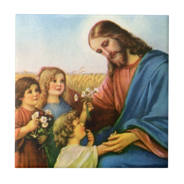 Vintagebarn ger blommor till Jesus Kristus Kakelplatta (Framsidan)