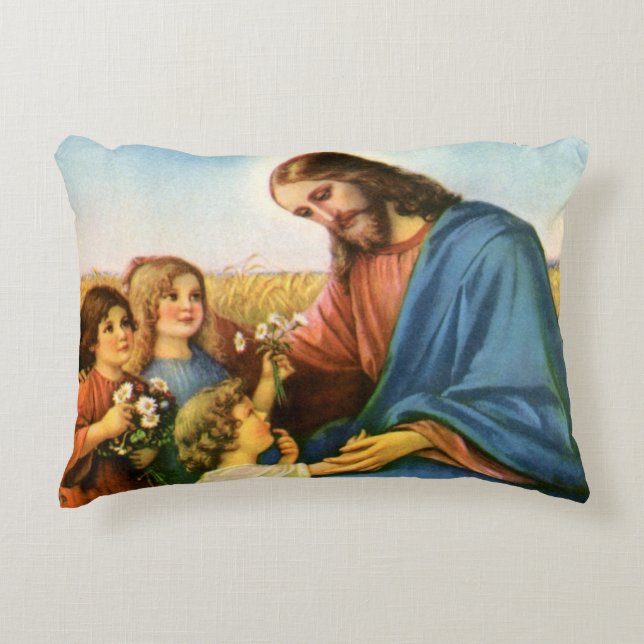 Vintagebarn ger blommor till Jesus Kristus Prydnadskudde (Framsidan)