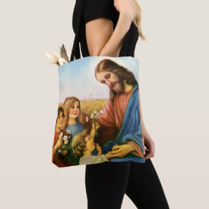 Vintagebarn ger blommor till Jesus Kristus Tygkasse