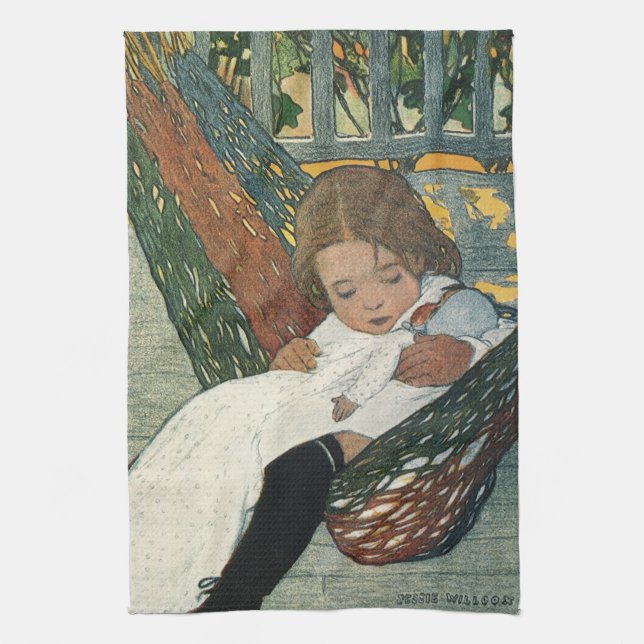 Vintagebarn med docka av Jessie Willcox Smith Kökshandduk (Vertikal)