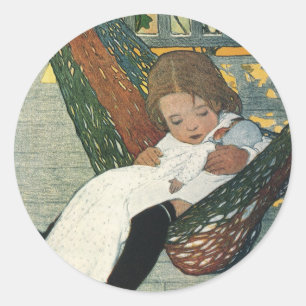 Vintagebarn med en docka av Jessie Willcox Smith Runt Klistermärke