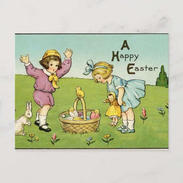 Vintagebarn med kaniner och en basketpåsk vykort (Framsida)
