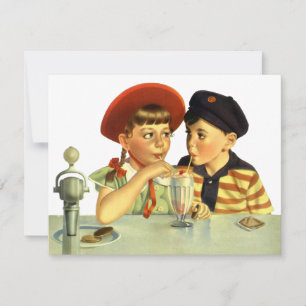 Vintagebarn, pojke och flicka delar en milkshake