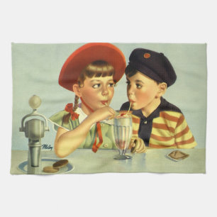 Vintagebarn, pojke och flicka delar en milkshake kökshandduk