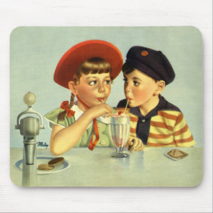 Vintagebarn, pojke och flicka delar en milkshake musmatta
