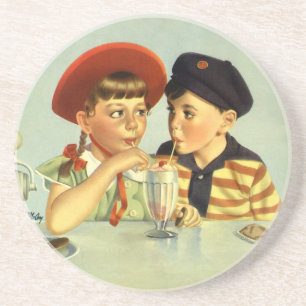 Vintagebarn, pojke och flicka delar en milkshake underlägg