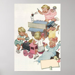 Vintagebarn som har kul när de leker med leksakstå poster