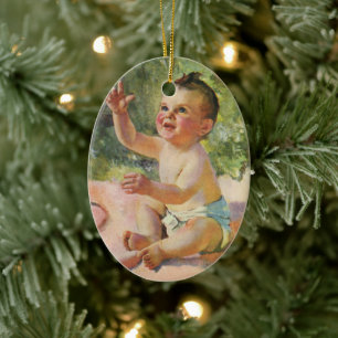 Vintagebarn, söt babyflicka på en rosa filt julgransprydnad keramik