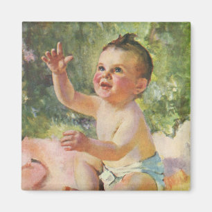 Vintagebarn, söt babyflicka på en rosa filt magnet