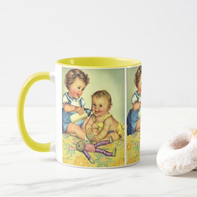 Vintagebarn, söta glada småbarn ler flaska mugg (Med munk)