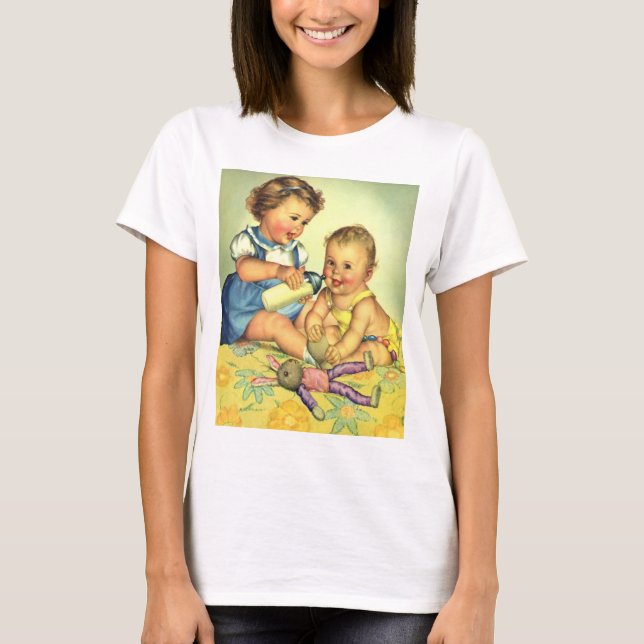 Vintagebarn, söta glada småbarn ler flaska tee (Framsida)