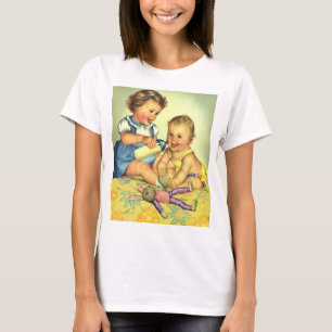 Vintagebarn, söta glada småbarn ler flaska tee shirt