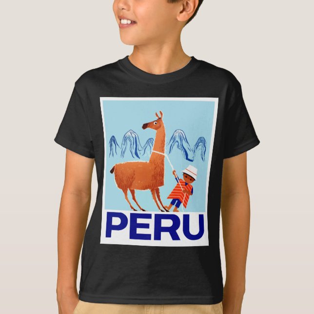 Vintagebarnet och llamaen Peru reser affischen T-shirt (Framsida)
