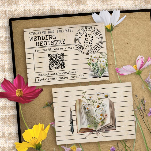 Vintagebiblioteksböcker QR-kod Bröllopspresentregi Tilläggskort (Vintage library card watercolor floral books bookish wedding invitation QR code registry insert card)