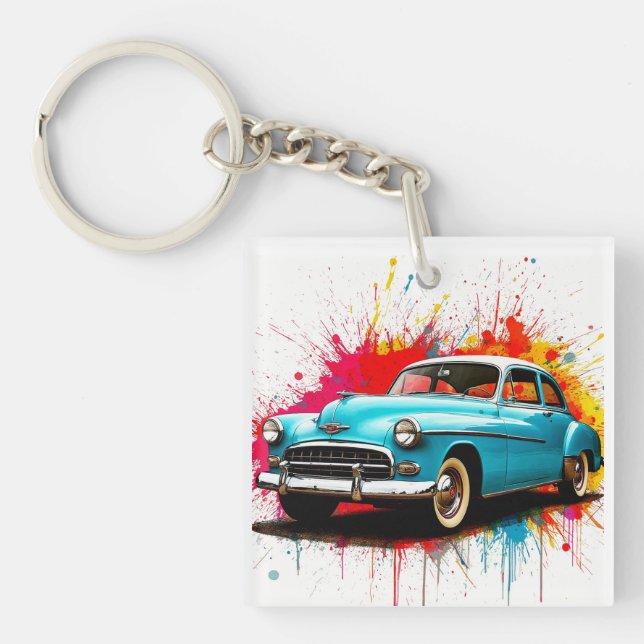Vintagebil med färgglada färgsprut (Framsidan)