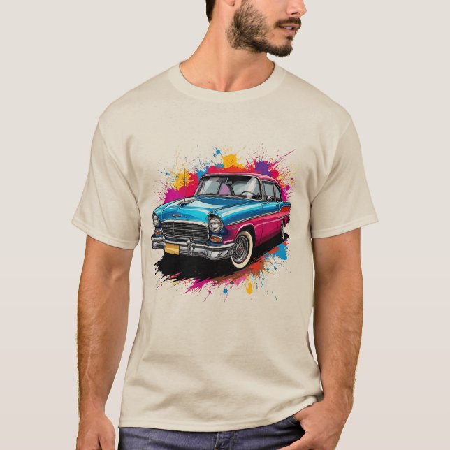 Vintagebil med färgglada färgsprut t shirt (Framsida)