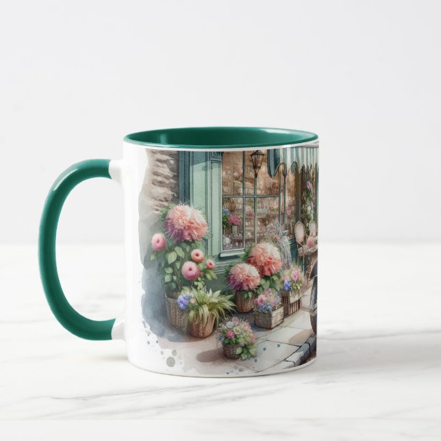 Vintagebil och charmig blomsterbutik Vattenfärg Mugg (Vänster)