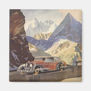 Vintagebil på bergsväg vintertid med snö magnet