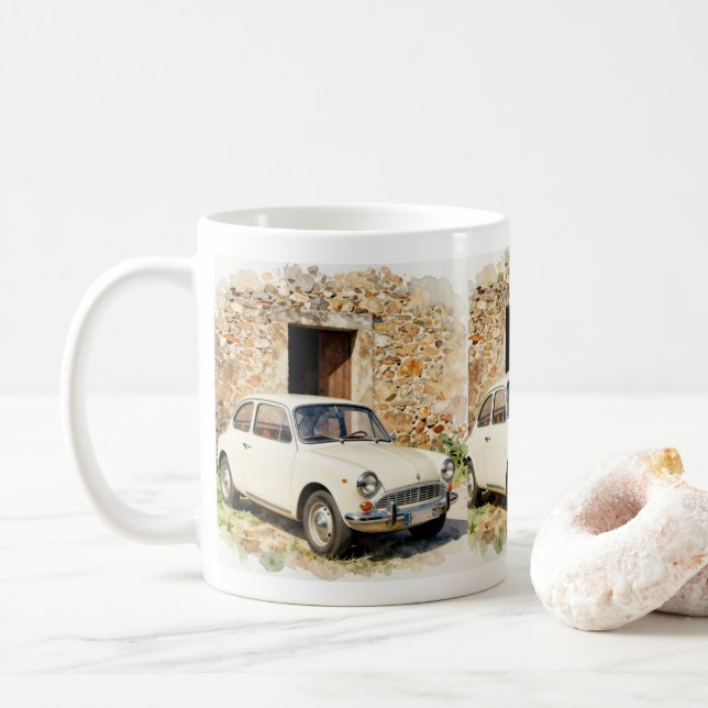 Vintagebil vid stenhus kaffemugg (Med munk)
