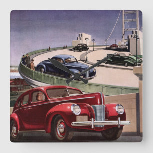 Vintagebilar, klassiska sedaner road trip på motor fyrkantig klocka