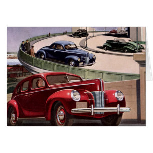Vintagebilar, klassiska sedaner road trip på motor hälsningskort
