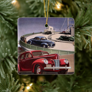 Vintagebilar, klassiska sedaner road trip på motor julgransprydnad keramik