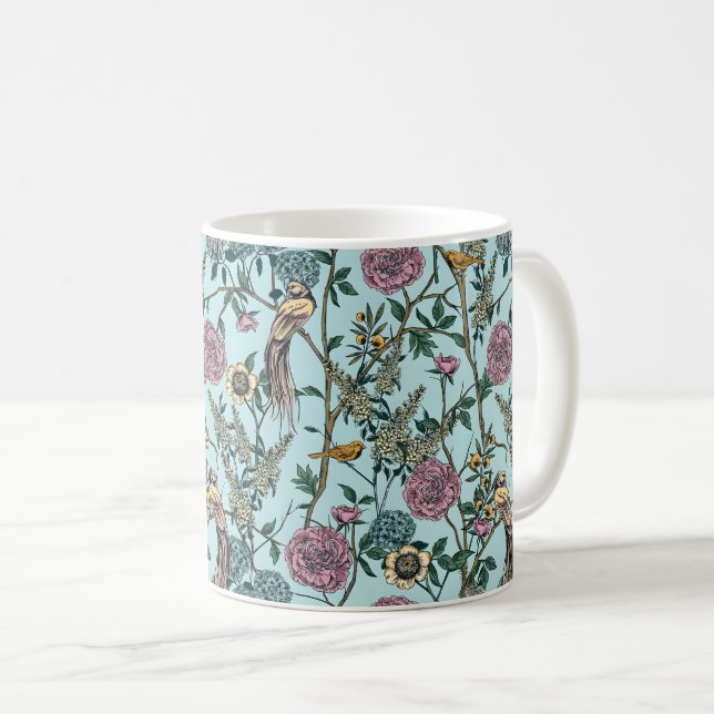 Vintageblå botanisk mönster  kaffemugg (Framsida höger)