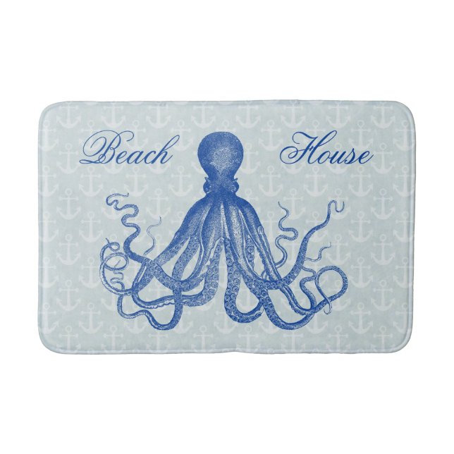 Vintageblåttbläckfisken med ankrar strandhuset badrumsmatta (Framsidan)