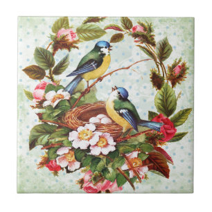 Vintageblåttfåglar och blommor kakelplatta