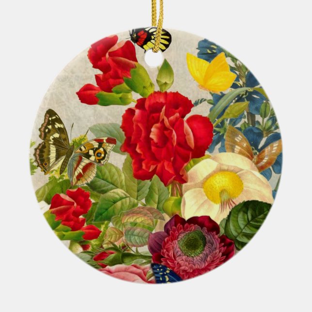 Vintageblommabukett med fjärilar julgransprydnad keramik (Framsidan)