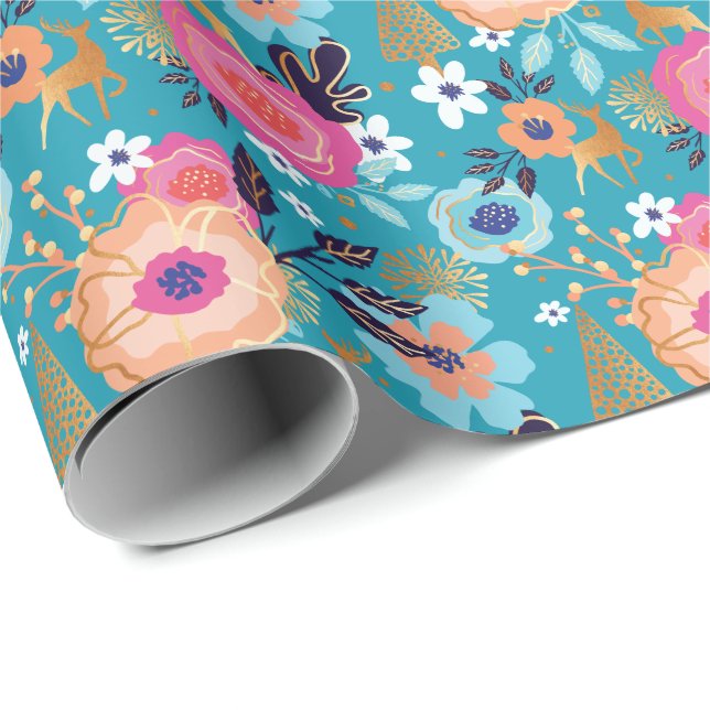 Vintageblommigt-, ren- & Snowflakejul Presentpapper (Rullad Hörn)