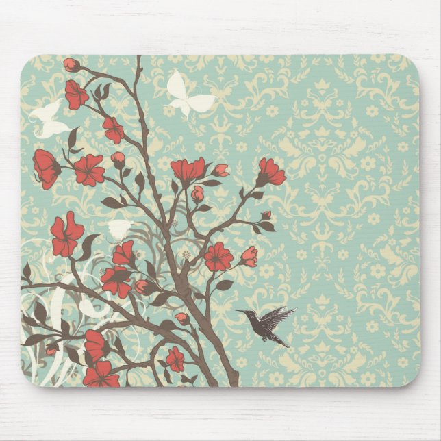 Vintageblommigten virvlar runt damast + musmatta (Framsidan)